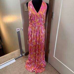 NWT Jessica Simpson V-Neck Maxi Dress Orange Pink Floral Feather‎ Rope Detail L